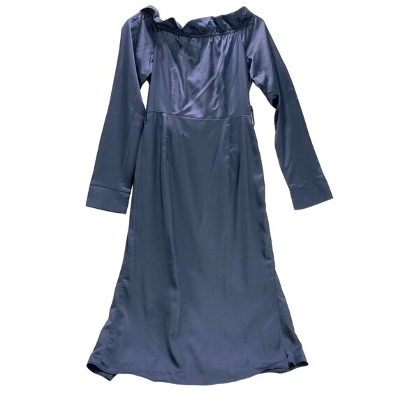 PRETTY LITTLE THING Women's Dress Blue Silky Maxi Ruffled Side Seam Slit Size 4 - Picture 2 of 7